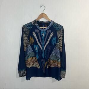 Anthropologie Ranna Gill Metallic Ikat Chiffon Navy Blue Blouse Size Small